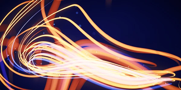 Orangefarbene Lichtlinie mit dynamischem Leuchteffekt auf dunklem Blau