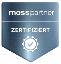 Zertifizierungssiegel in Metalloptik mit Text „moss partner – zertifiziert“