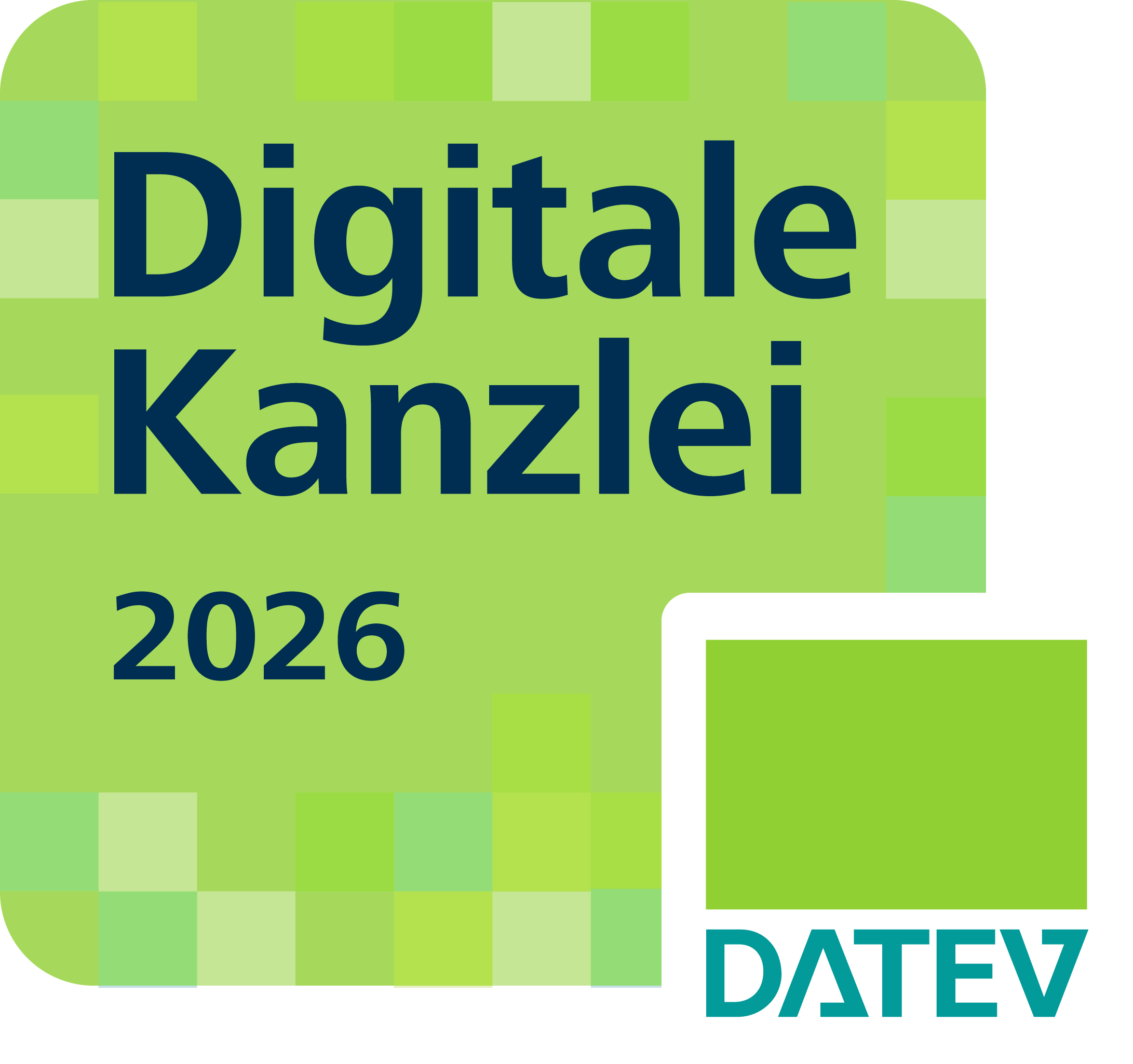 Das Bild zeigt ein Logo mit dem Text "Digitale Kanzlei 2026" in blauer Schrift auf einem hellgrünen Hintergrund, umgeben von einem quadratischen Muster. In der unteren Ecke befindet sich das Logo von DATEV in Form eines grünen Rahmens um ein leeres Quadrat.